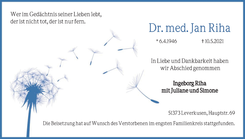  Traueranzeige für Jan Riha vom 19.06.2021 aus Kölner Stadt-Anzeiger / Kölnische Rundschau / Express