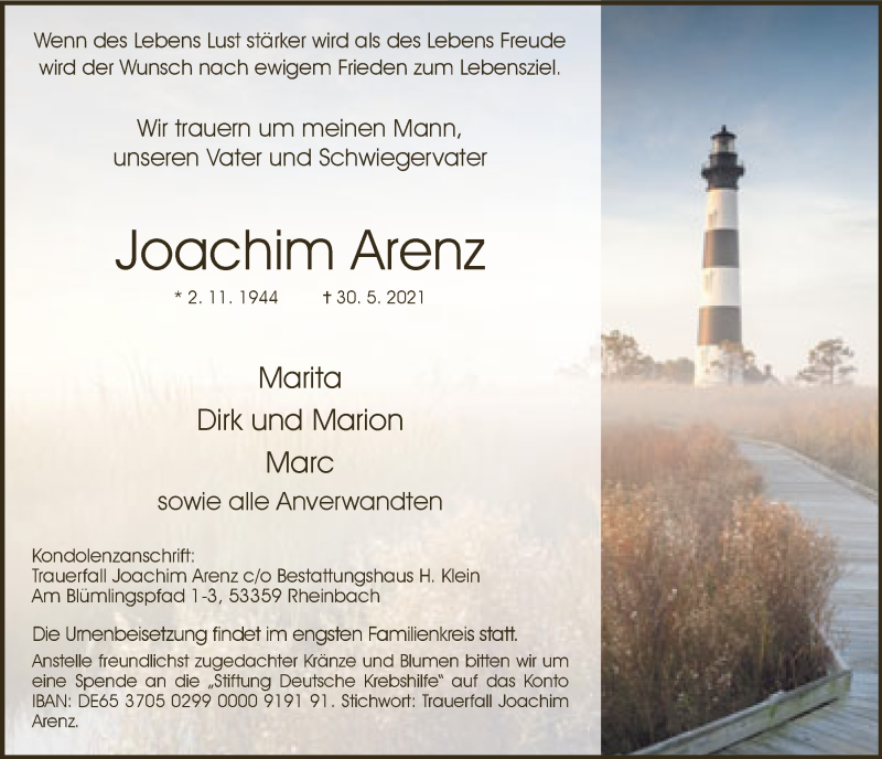  Traueranzeige für Joachim Arenz vom 11.06.2021 aus  Schaufenster/Blickpunkt 