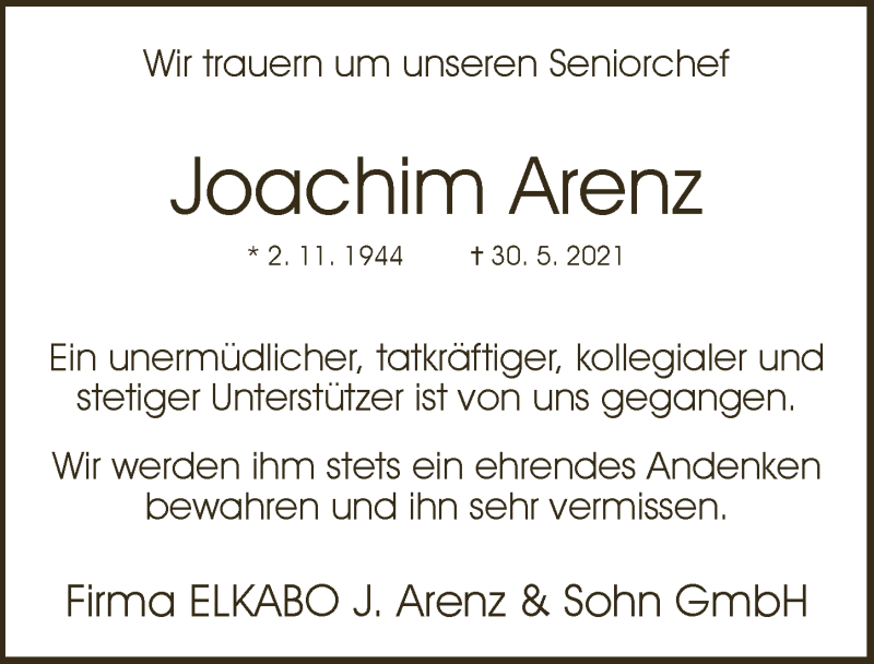 Traueranzeige für Joachim Arenz vom 11.06.2021 aus  Schaufenster/Blickpunkt 