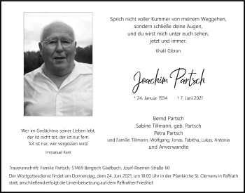 Anzeige von Joachim Partsch von  Bergisches Handelsblatt 