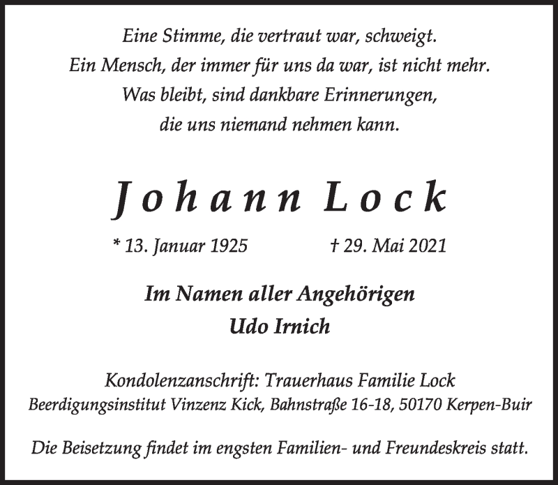  Traueranzeige für Johann Lock vom 11.06.2021 aus  Werbepost 