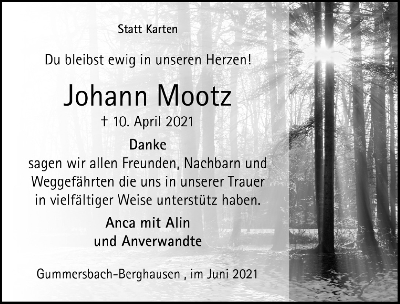 Traueranzeige für Johann Mootz vom 04.06.2021 aus  Anzeigen Echo 