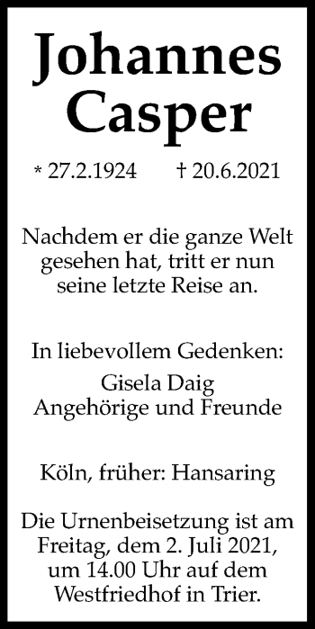 Anzeige von Johannes Casper von Kölner Stadt-Anzeiger / Kölnische Rundschau / Express
