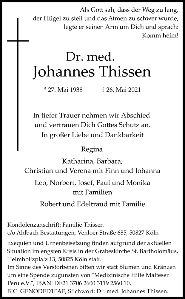  Traueranzeige für Johannes Thissen vom 05.06.2021 aus Kölner Stadt-Anzeiger / Kölnische Rundschau / Express