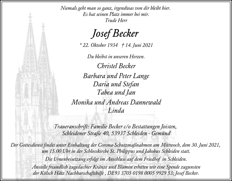  Traueranzeige für Josef Becker vom 19.06.2021 aus Kölner Stadt-Anzeiger / Kölnische Rundschau / Express