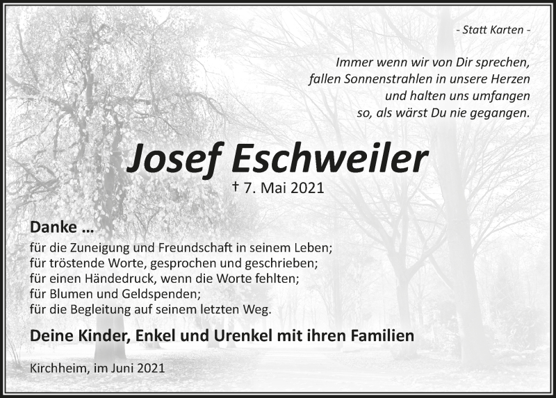  Traueranzeige für Josef Eschweiler vom 12.06.2021 aus  Blickpunkt Euskirchen 