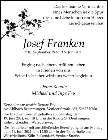 Anzeige von Josef Franken von Kölner Stadt-Anzeiger / Kölnische Rundschau / Express