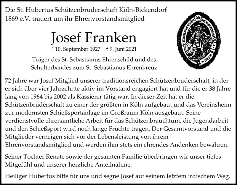  Traueranzeige für Josef Franken vom 16.06.2021 aus Kölner Stadt-Anzeiger / Kölnische Rundschau / Express