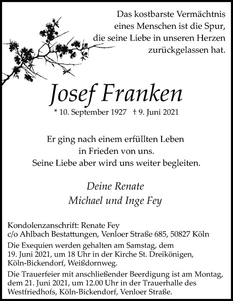  Traueranzeige für Josef Franken vom 12.06.2021 aus Kölner Stadt-Anzeiger / Kölnische Rundschau / Express