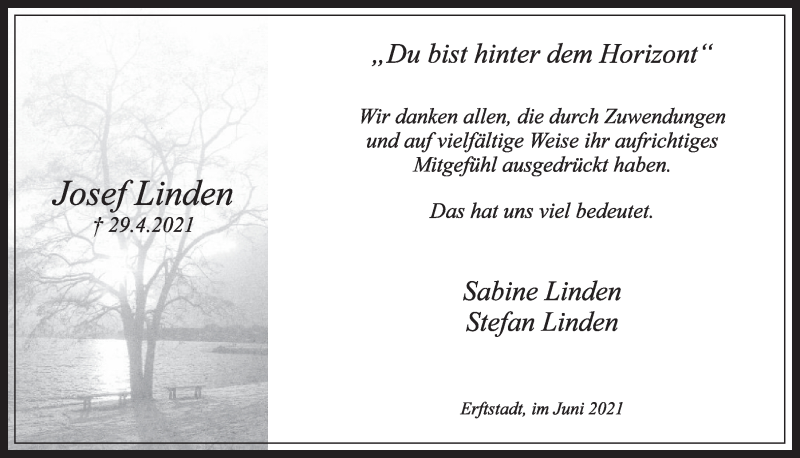  Traueranzeige für Josef Linden vom 25.06.2021 aus  Werbepost 