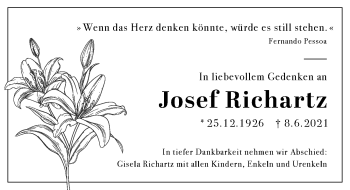 Anzeige von Josef Richartz von  Schlossbote/Werbekurier 