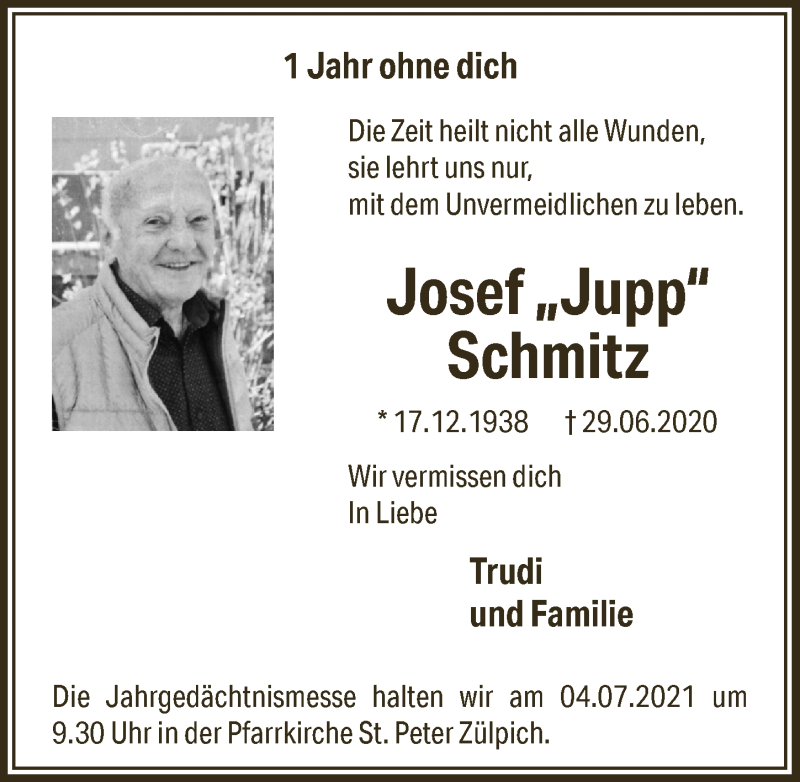  Traueranzeige für Josef Schmitz vom 26.06.2021 aus  Blickpunkt Euskirchen 
