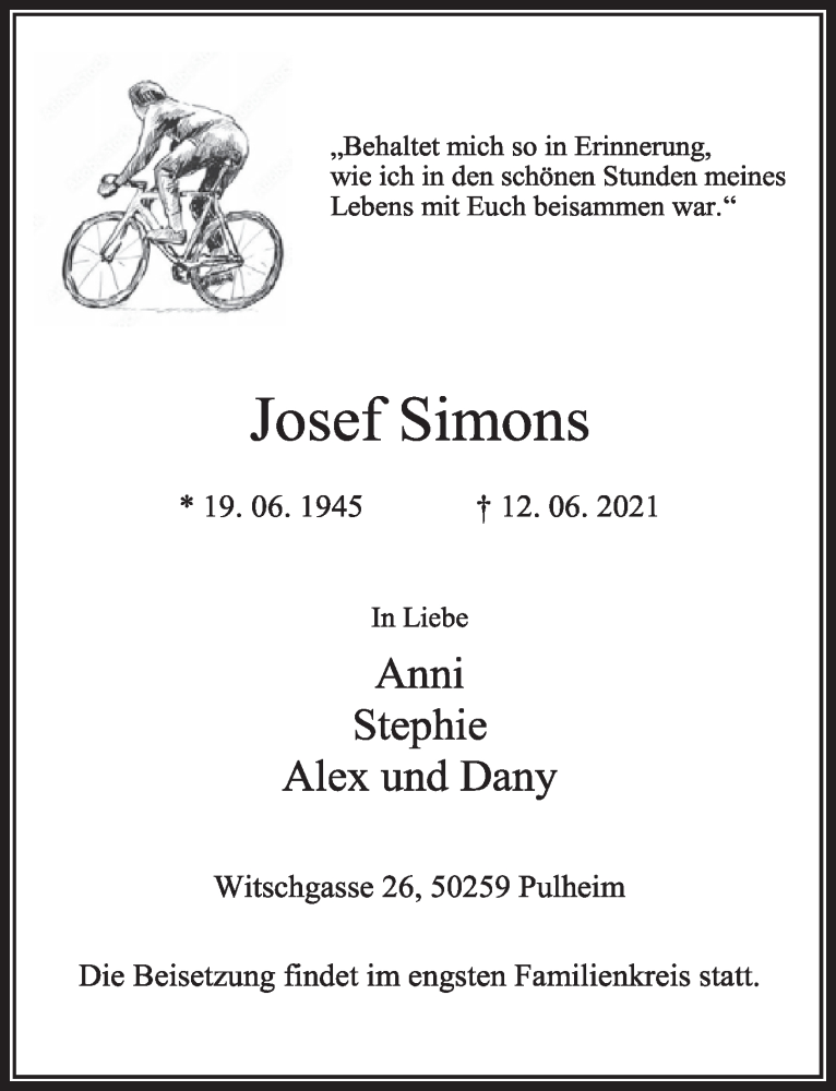  Traueranzeige für Josef Simons vom 18.06.2021 aus  Wochenende 
