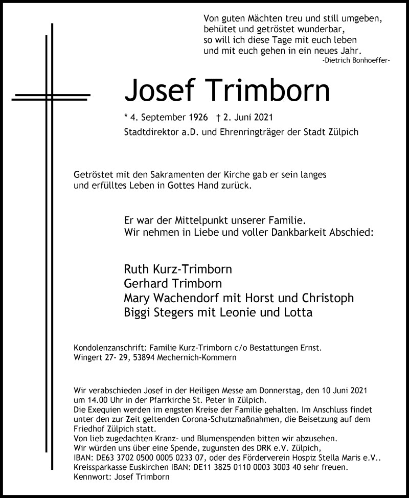  Traueranzeige für Josef Trimborn vom 05.06.2021 aus  Blickpunkt Euskirchen 