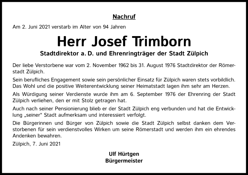  Traueranzeige für Josef Trimborn vom 12.06.2021 aus Kölner Stadt-Anzeiger / Kölnische Rundschau / Express
