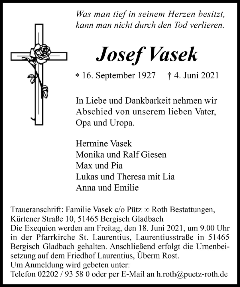  Traueranzeige für Josef Vasek vom 11.06.2021 aus  Bergisches Handelsblatt 