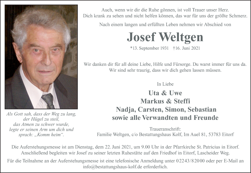  Traueranzeige für Josef Weltgen vom 19.06.2021 aus Kölner Stadt-Anzeiger / Kölnische Rundschau / Express