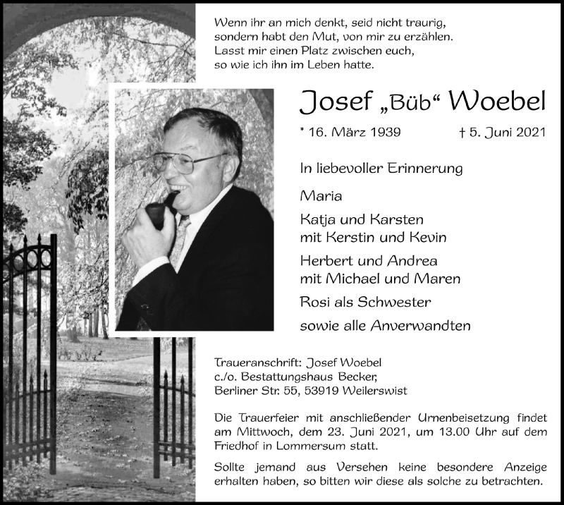  Traueranzeige für Josef Woebel vom 12.06.2021 aus  Blickpunkt Euskirchen 