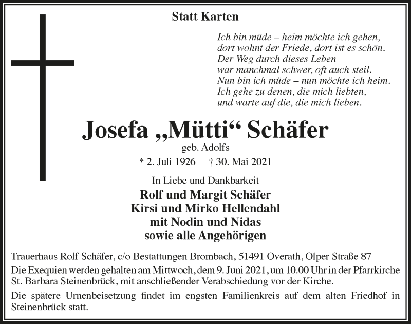  Traueranzeige für Josefa Schäfer vom 04.06.2021 aus  Bergisches Handelsblatt 