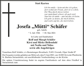 Anzeige von Josefa Schäfer von  Bergisches Handelsblatt 