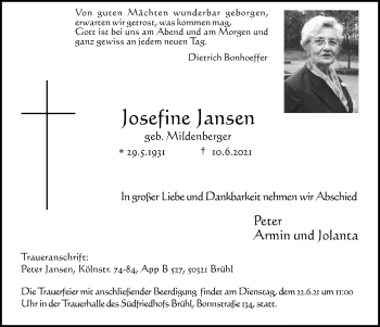 Anzeige von Josefine Jansen von  Schlossbote/Werbekurier 