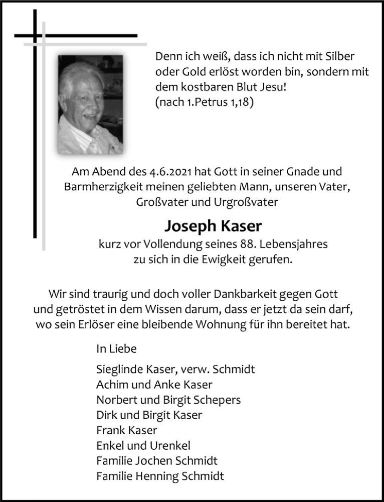  Traueranzeige für Joseph Kaser vom 25.06.2021 aus  Bergisches Handelsblatt 