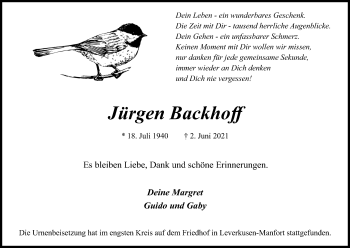 Anzeige von Jürgen Backhoff von Kölner Stadt-Anzeiger / Kölnische Rundschau / Express