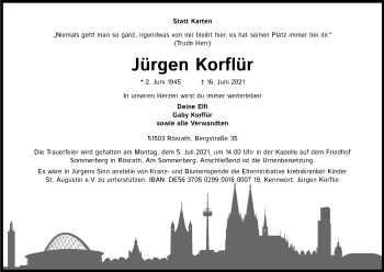 Anzeige von Jürgen Korflür von Kölner Stadt-Anzeiger / Kölnische Rundschau / Express