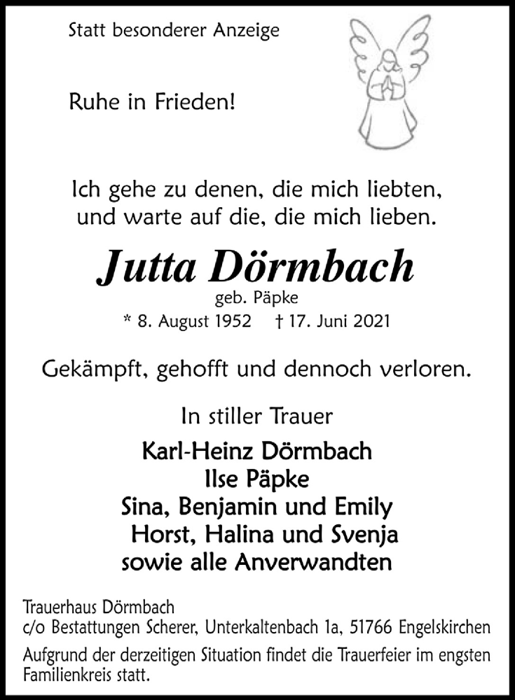  Traueranzeige für Jutta Dörmbach vom 25.06.2021 aus  Anzeigen Echo 