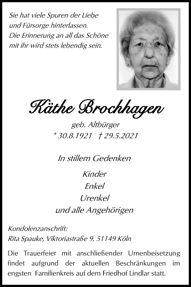  Traueranzeige für Käthe Brochhagen vom 05.06.2021 aus Kölner Stadt-Anzeiger / Kölnische Rundschau / Express