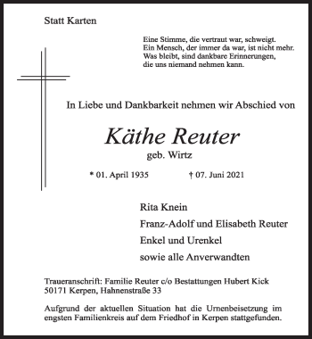 Anzeige von Käthe Reuter von  Werbepost 