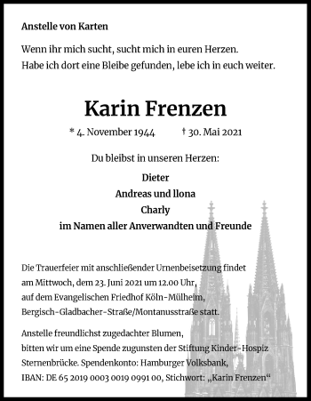 Anzeige von Karin Frenzen von Kölner Stadt-Anzeiger / Kölnische Rundschau / Express