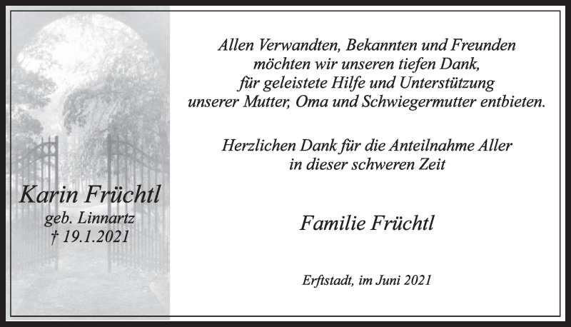  Traueranzeige für Karin Früchtl vom 25.06.2021 aus  Werbepost 