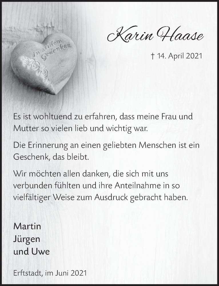  Traueranzeige für Karin Haase vom 25.06.2021 aus  Werbepost 