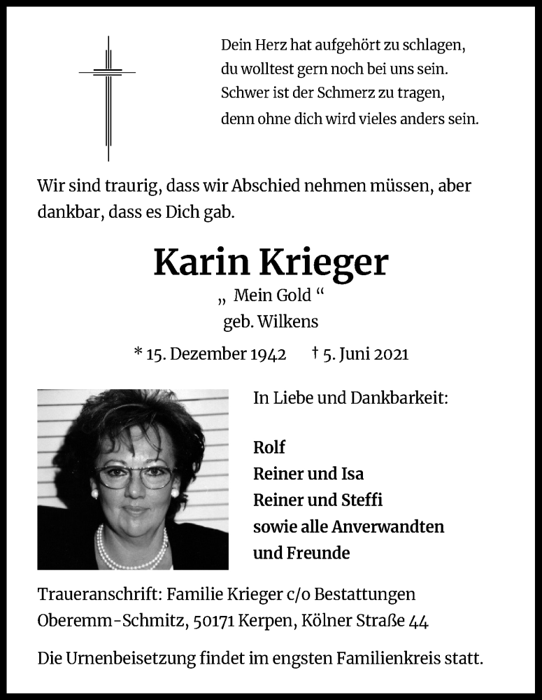  Traueranzeige für Karin Krieger vom 19.06.2021 aus Kölner Stadt-Anzeiger / Kölnische Rundschau / Express