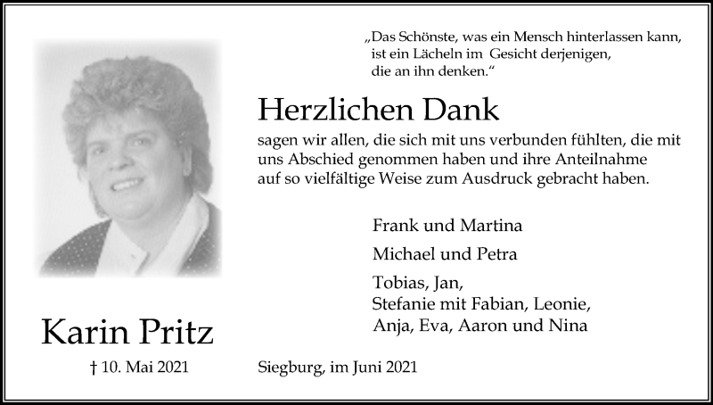  Traueranzeige für Karin Pritz vom 05.06.2021 aus Kölner Stadt-Anzeiger / Kölnische Rundschau / Express