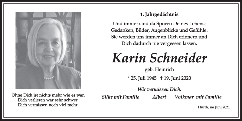  Traueranzeige für Karin Schneider vom 18.06.2021 aus  Wochenende 