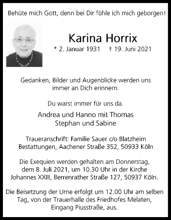 Anzeige von Karina Horrix von Kölner Stadt-Anzeiger / Kölnische Rundschau / Express