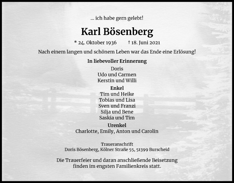 Traueranzeige für Karl Bösenberg vom 26.06.2021 aus Kölner Stadt-Anzeiger / Kölnische Rundschau / Express