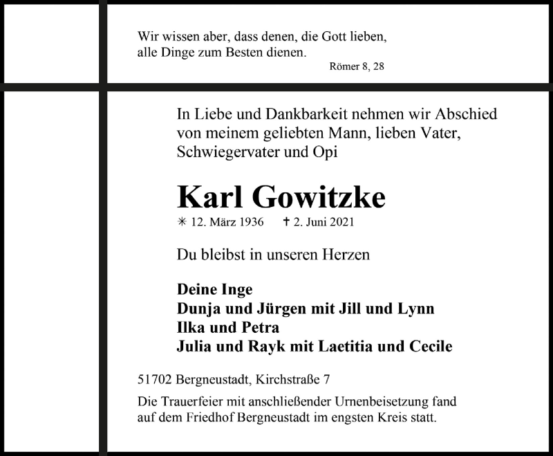  Traueranzeige für Karl Gowitzke vom 18.06.2021 aus  Anzeigen Echo 