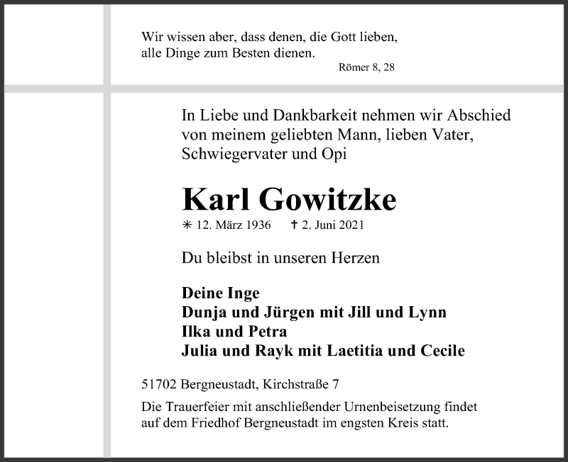  Traueranzeige für Karl Gowitzke vom 05.06.2021 aus Kölner Stadt-Anzeiger / Kölnische Rundschau / Express