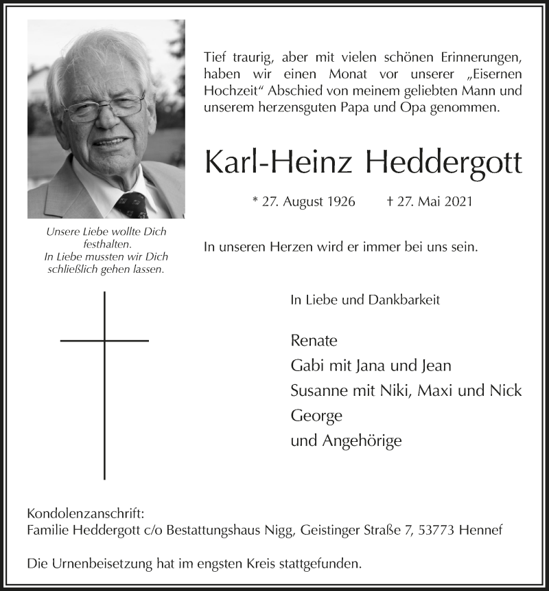  Traueranzeige für Karl-Heinz Heddergott vom 11.06.2021 aus  Extra Blatt 