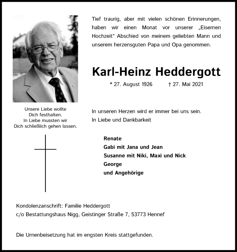  Traueranzeige für Karl-Heinz Heddergott vom 11.06.2021 aus Kölner Stadt-Anzeiger / Kölnische Rundschau / Express