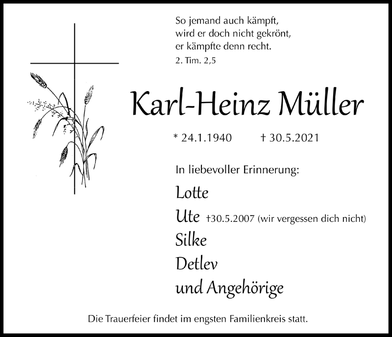  Traueranzeige für Karl-Heinz Müller vom 04.06.2021 aus  Lokalanzeiger 