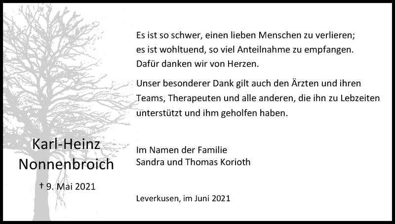  Traueranzeige für Karl-Heinz Nonnenbroich vom 19.06.2021 aus Kölner Stadt-Anzeiger / Kölnische Rundschau / Express