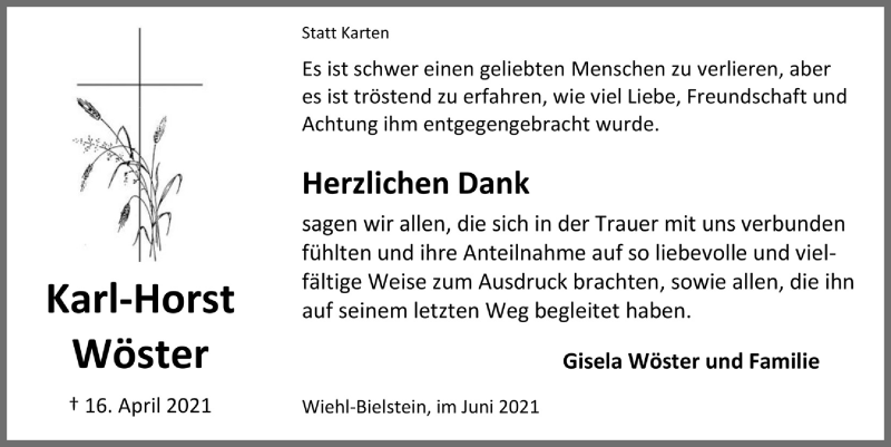  Traueranzeige für Karl-Horst Wöster vom 11.06.2021 aus  Anzeigen Echo 