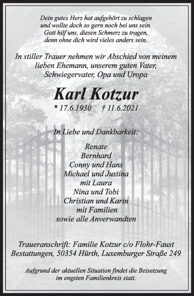  Traueranzeige für Karl Kotzur vom 18.06.2021 aus  Wochenende 