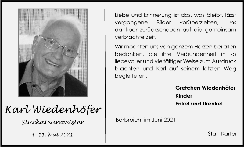  Traueranzeige für Karl Wiedenhöfer vom 12.06.2021 aus Kölner Stadt-Anzeiger / Kölnische Rundschau / Express