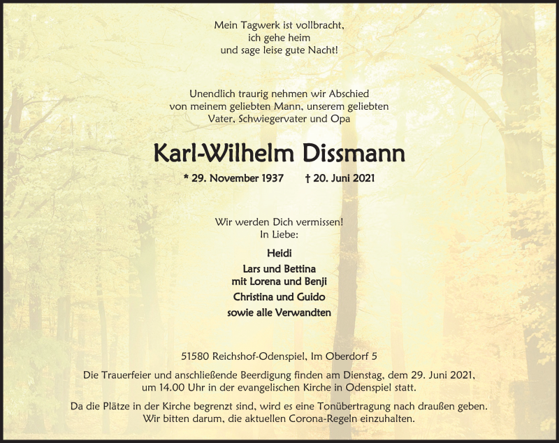  Traueranzeige für Karl-Wilhelm Dissmann vom 23.06.2021 aus Kölner Stadt-Anzeiger / Kölnische Rundschau / Express