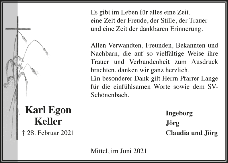  Traueranzeige für Karl Egon Keller vom 04.06.2021 aus  Lokalanzeiger 